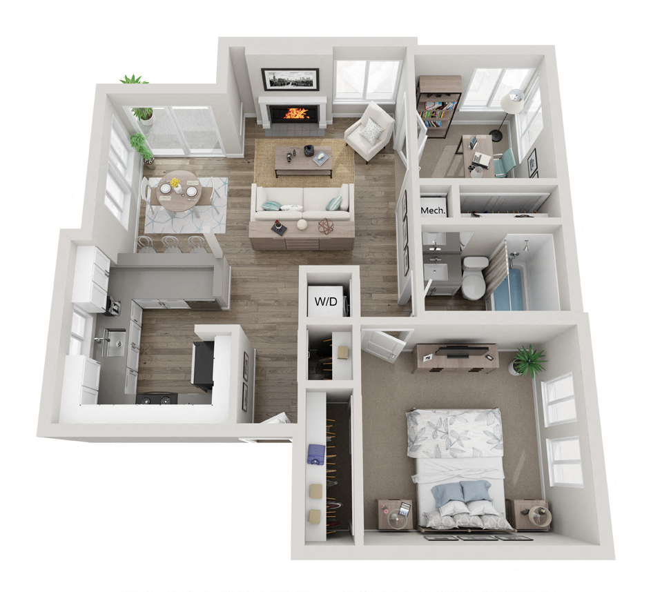 Floor plan for 1 bed, 1 bath, 768 sqft